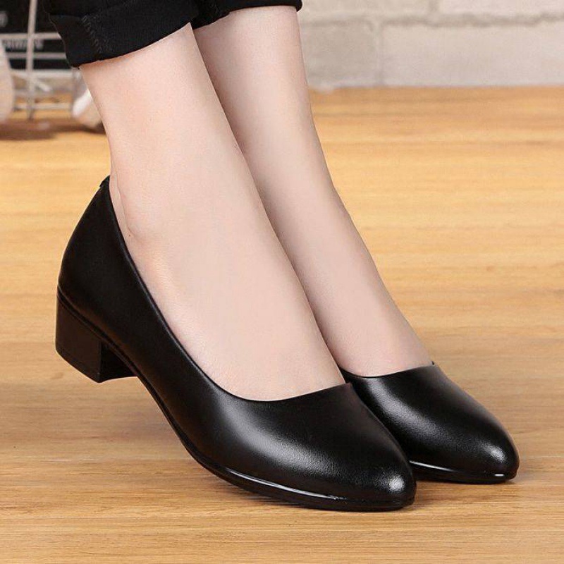 Leather Work Women Shoes - Chaussures de Travail Noires à Talons