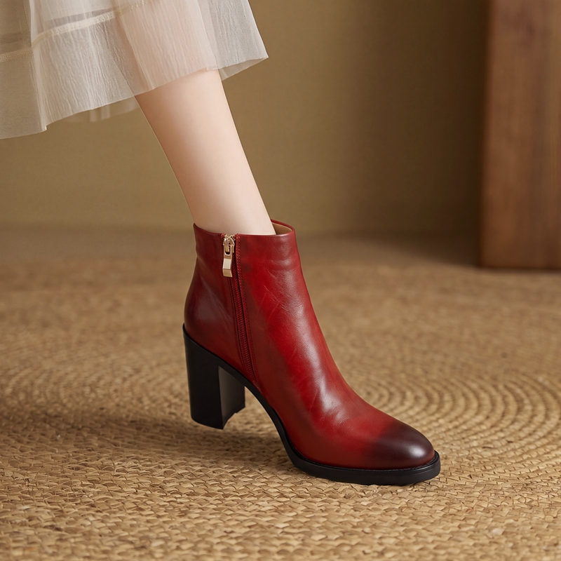 Leather Work Women Shoes - Bottines à talon bloc, bout carré,