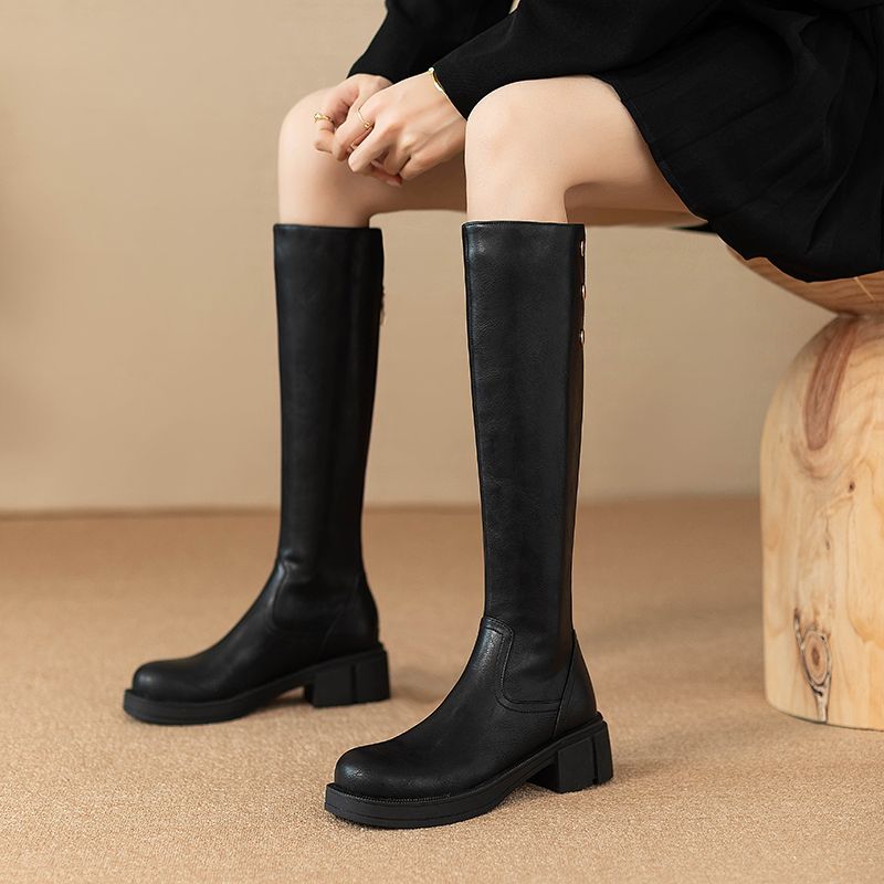 Leather Work Women Shoes - Automne hiver talon moyen dames genou